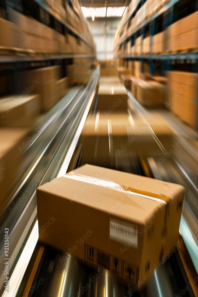 boxes moving down conveyor belt warehouse speed blur zoom out multiple ...