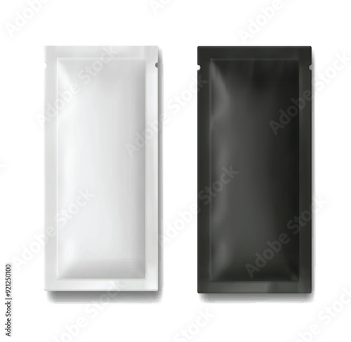 Realistic 3d Black and White sachet set. Realistic pack for salt, sugar, coffee. Wet wipes package. Empty template Mockup Vector 3d realistic illustration