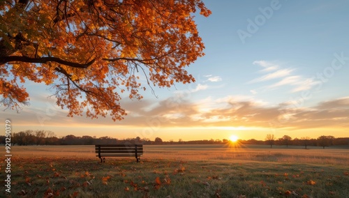 Autumn Sunset Over Park Bench in Open Field