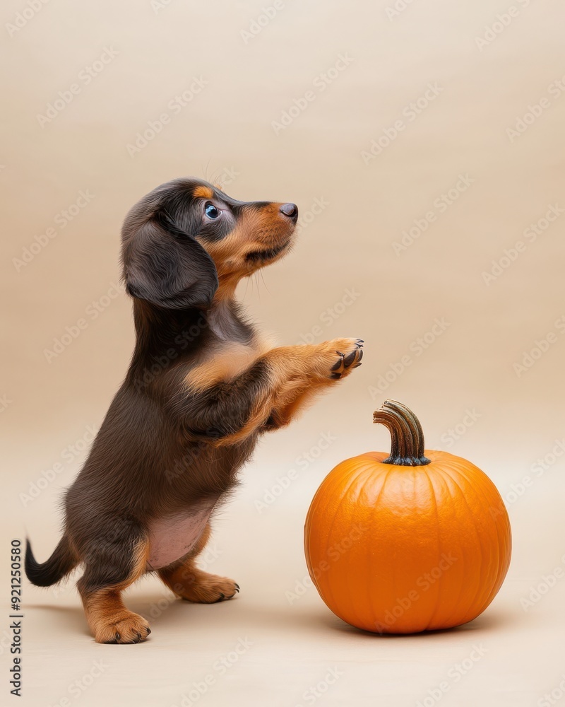 Dachshund puppy standing on its hind legs next to a small pumpkin Dachshund puppy standing on its hind legs next to a small pumpkin