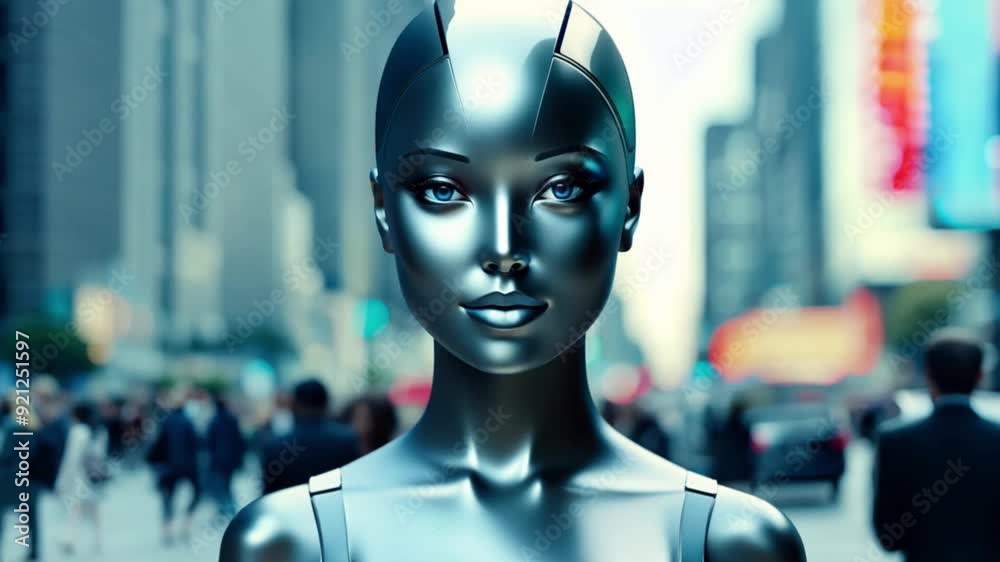 A futuristic female robot with sleek design walks through a busy urban street, blending into the city life. A futuristic female robot with sleek design walks through a busy urban street, blending into the city life.