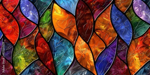 A stunning stained glass pattern featuring vibrant colors and leaf shapes, perfect for artistic projects.