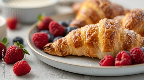 Freshly Baked Croissants With Berries and Cream on a Light Gray Background