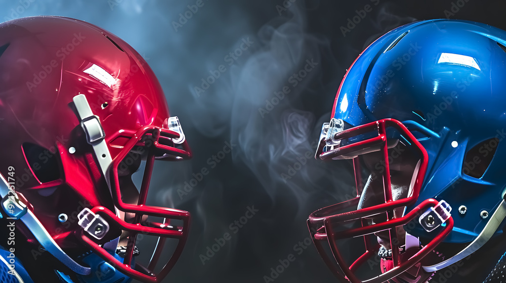Fototapeta premium An athletic rivalry is depicted with two American football helmets, one red and one blue