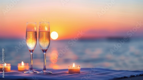 Sunset Celebration With Champagne Glasses and Candles on the Beach