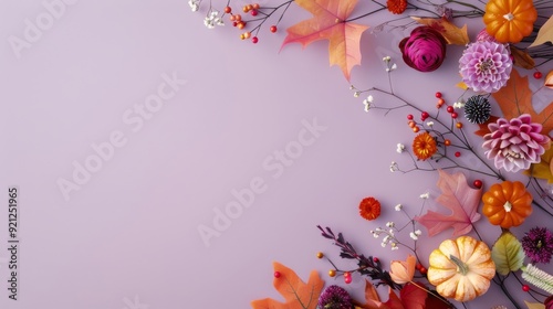 Autumn Floral Arrangement With Pumpkin and Colorful Blooms on Purple Background