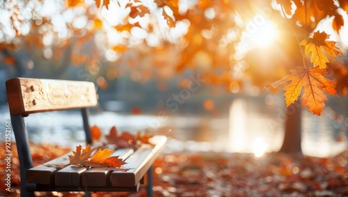 Autumn Sunset Over a Park Bench in a Tranquil Landscape