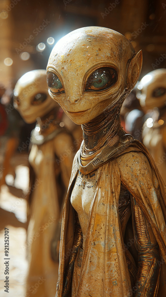 Fototapeta premium Aliens Overseeing the Construction of the Egyptian Pyramids in a Sci-Fi Landscape