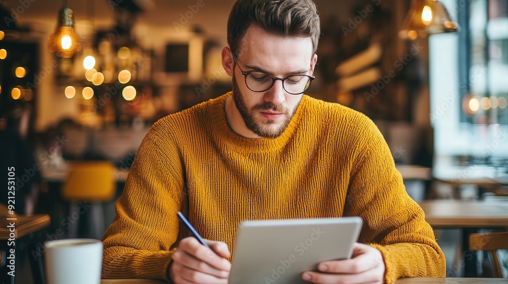 Young entrepreneur sketching ideas on a digital tablet in a cozy cafe, warm tones, and creative atmosphere, [Business creativity], [entrepreneurship].