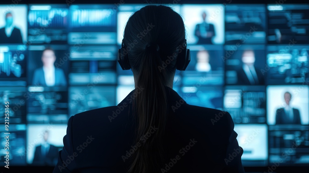Businesswoman in a virtual meeting, surrounded by holographic screens displaying charts and colleagues, [Remote work], [entrepreneurship].