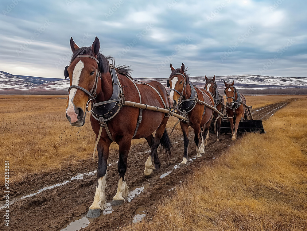 Four horses pulling a plow in a field. The horses are brown and white. The sky is cloudy Four horses pulling a plow in a field. The horses are brown and white. The sky is cloudy