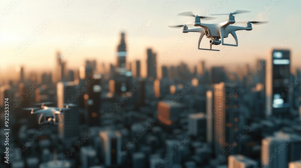 Concept art of a futuristic business city, with drones delivering packages, digital billboards, and autonomous vehicles, [Future of business], [entrepreneurship].