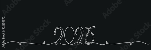 Decoration continuous line hand drawing sign for 2025 year calendar. Vector stock illustration minimalism design isolated on black chalkboard background. Editable stroke single line. 