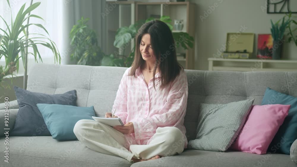 Relaxing woman writing in cozy living room setting Relaxing woman writing in cozy living room setting