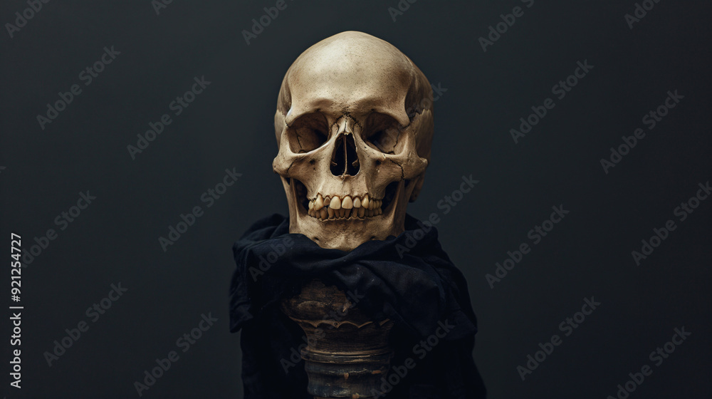 skull resting on a black stone pillar, black background