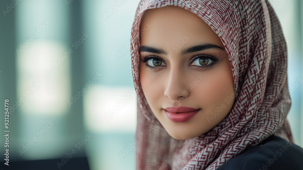 Close up portrait of a beautiful Middle Eastern Arabian young woman wearing traditional Arabic clothing, seated at an office table, with a professional and serene expression Close up portrait of a beautiful Middle Eastern Arabian young woman wearing traditional Arabic clothing, seated at an office table, with a professional and serene expression
