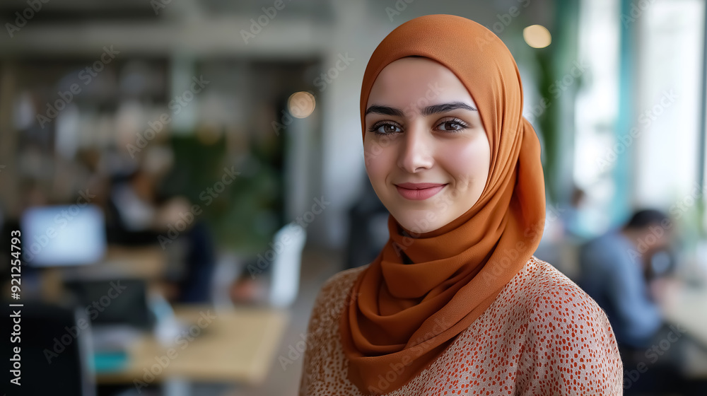 Cheerful young woman in hijab, eyes covered with joy, in a professional office environment, exuding positive energy Cheerful young woman in hijab, eyes covered with joy, in a professional office environment, exuding positive energy