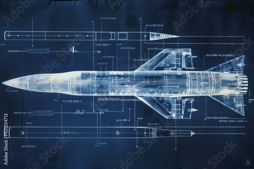 on blue paper, technical diagram of the supersonic ballistic missle