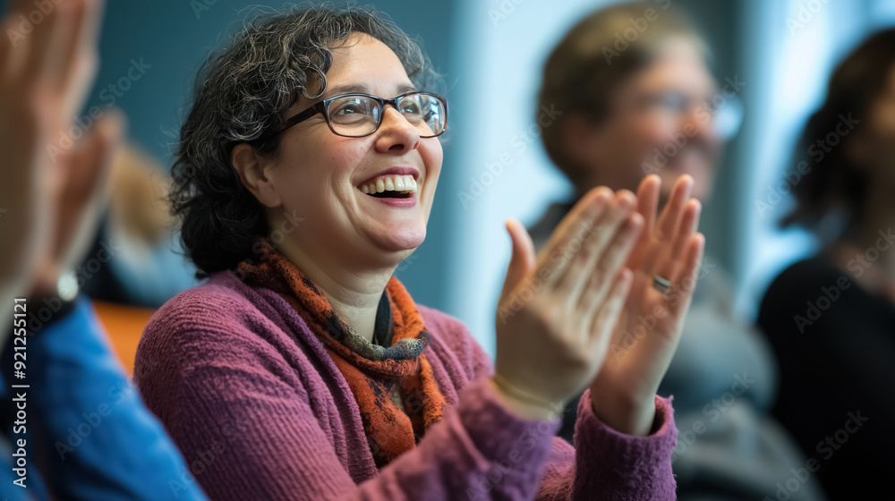 Obraz premium Participants in a workshop setting, smiling and clapping, supporting each other with enthusiasm and positivity