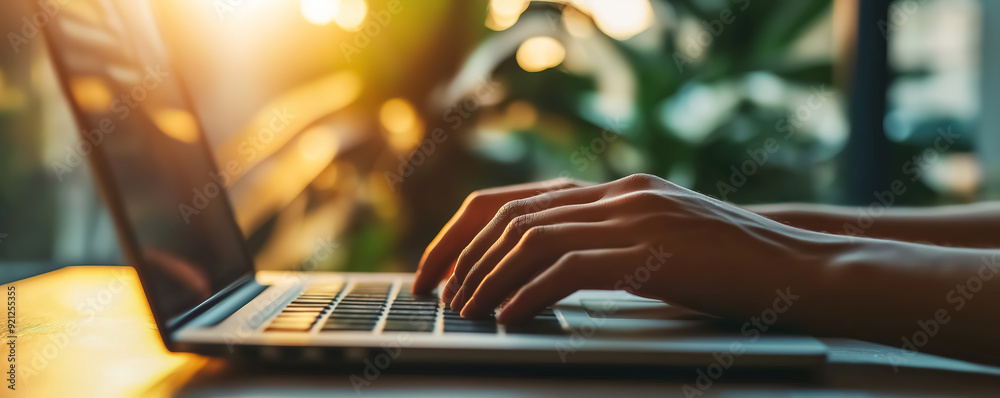 Close up of hands typing on laptop keyboard, blurred background with copy space for text in office room Close up of hands typing on laptop keyboard, blurred background with copy space for text in office room