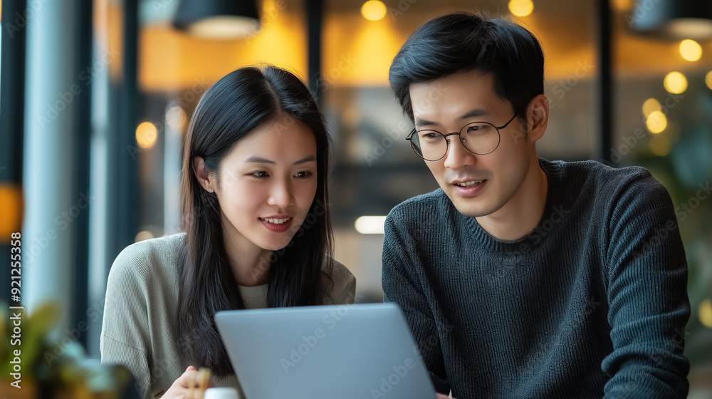Two Asian business colleagues collaborating on a work project in a modern office Two Asian business colleagues collaborating on a work project in a modern office