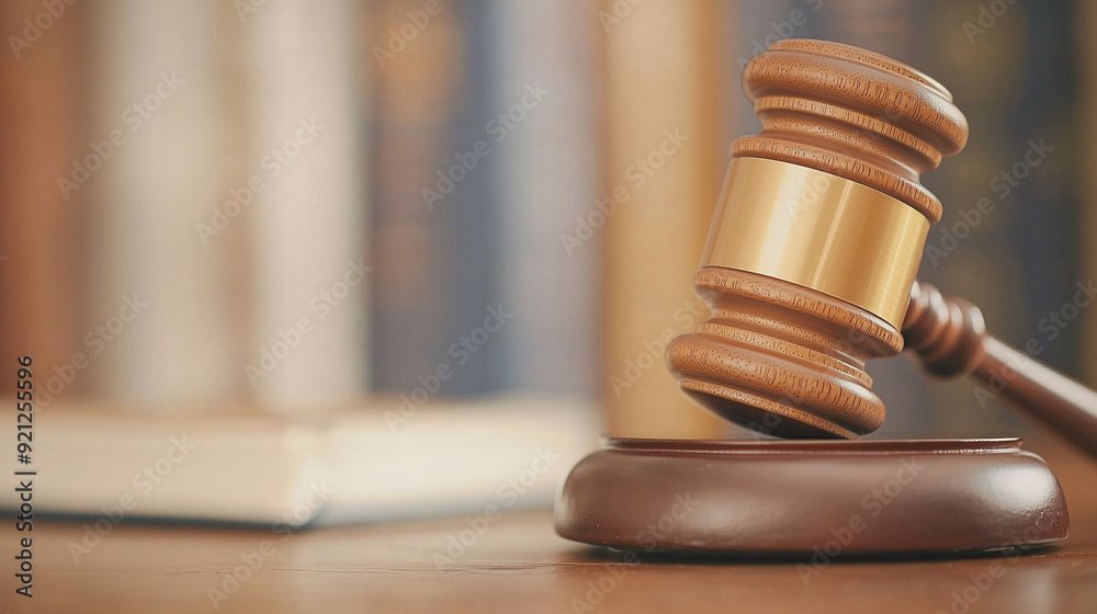 Close-up of a gavel resting on a wooden table, with law books behind it, representing the authority of the legal system and the administration of justice. The image embodies the es Close-up of a gavel resting on a wooden table, with law books behind it, representing the authority of the legal system and the administration of justice. The image embodies the es