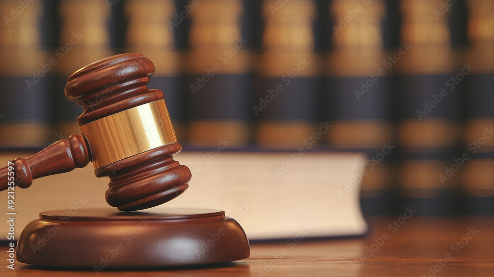 Close-up of a gavel resting on a wooden table, with law books behind it, representing the authority of the legal system and the administration of justice. The image embodies the es Close-up of a gavel resting on a wooden table, with law books behind it, representing the authority of the legal system and the administration of justice. The image embodies the es