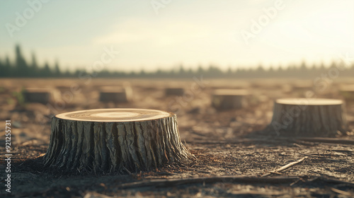 A heartbreaking view of deforested land, with tree stumps spread across the barren landscape, capturing the environmental impact and the urgent need for conservation. Perfect for c