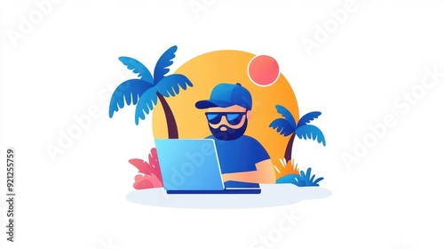 A digital nomad working on a laptop with a beach backdrop photo
