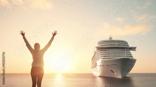 Happy traveler greeting a grand cruise ship with open arms, showcasing her eagerness and joy at the start of a memorable voyage. Ideal for themes related to adventure, travel excit