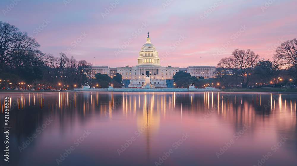 Fototapeta premium The U.S. Capitol building reflected in calm water, illuminated with red and blue hues. The image symbolizes the balance and contrast within the political landscape. Photo