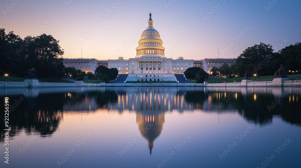 Obraz premium The U.S. Capitol building reflected in calm water, illuminated with red and blue hues. The image symbolizes the balance and contrast within the political landscape. Photo