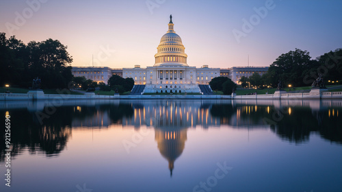 The U.S. Capitol building reflected in calm water, illuminated with red and blue hues. The image symbolizes the balance and contrast within the political landscape. Photo