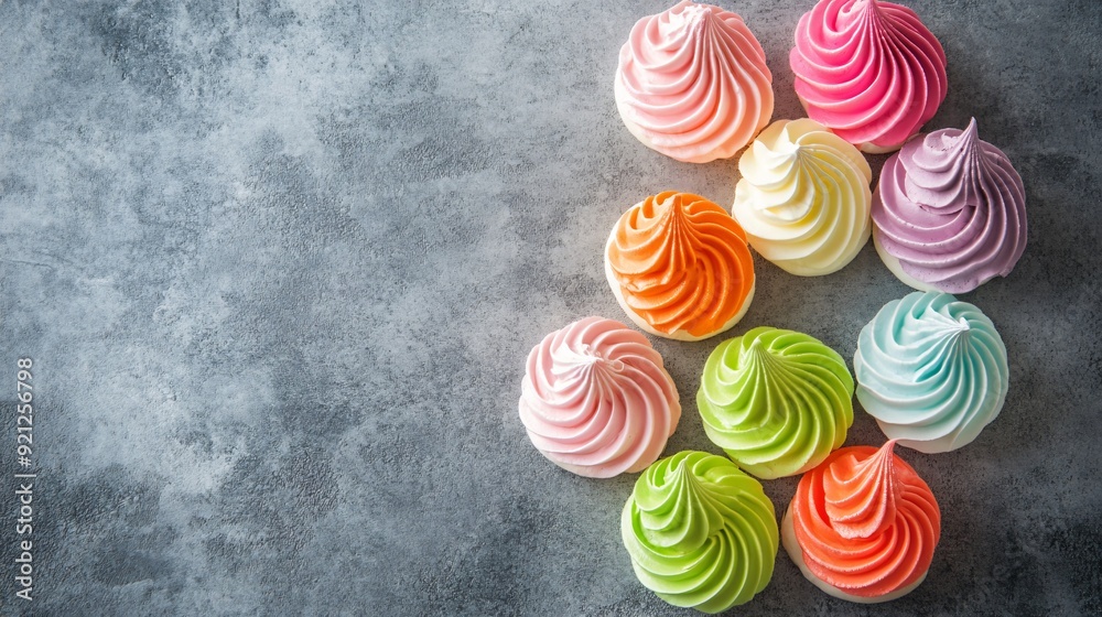 A selection of colorful meringue kisses, arranged in a spiral pattern on a smooth concrete surface, the delicate treats appearing almost ethereal against the gray A selection of colorful meringue kisses, arranged in a spiral pattern on a smooth concrete surface, the delicate treats appearing almost ethereal against the gray