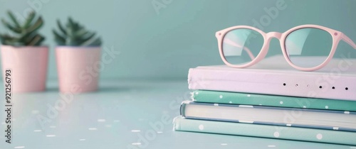 Pink Glasses Resting on Stacked Notebooks With Succulents in Background