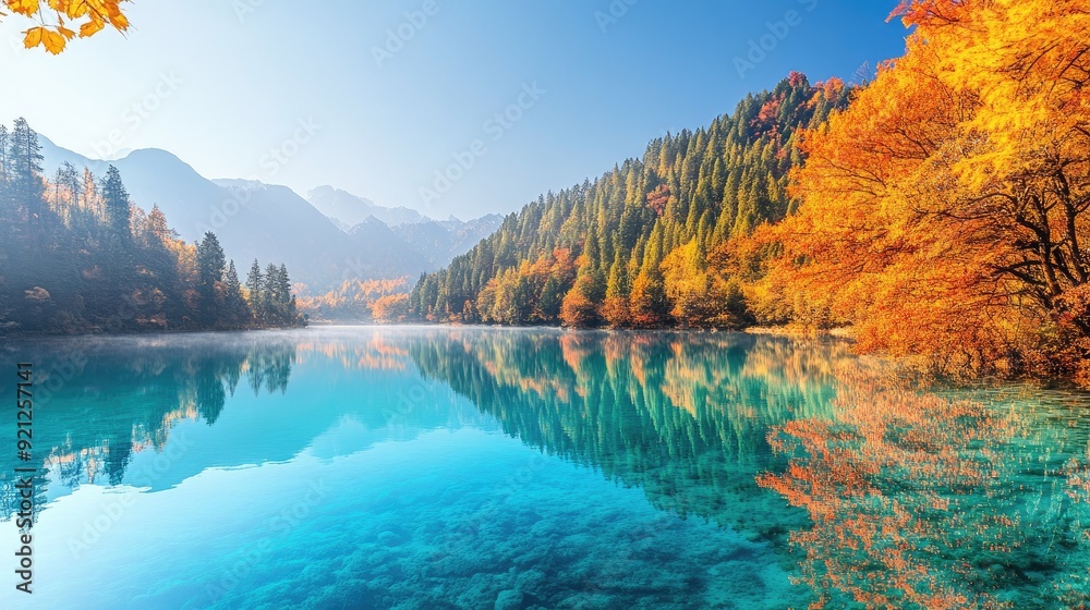 Obraz premium A serene lake at Jiuzhaigou National Park, with turquoise waters reflecting the vibrant autumn foliage and clear blue sky.