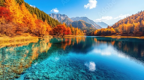 A serene lake at Jiuzhaigou National Park, with turquoise waters reflecting the vibrant autumn foliage and clear blue sky. photo