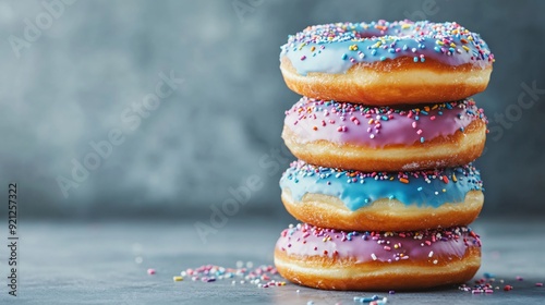 A stack of rainbow-colored doughnuts with various glazes and sprinkles, placed on a cool, matte concrete surface, with one doughnut slightly askew