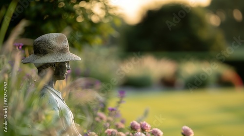 Stone Statue With Hat in Tranquil Garden During Misty Morning