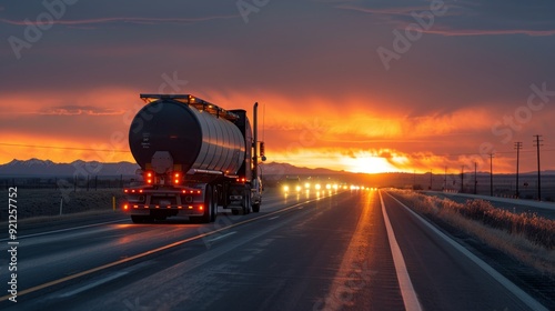 Truck Driving on Open Highway at Sunset With Golden Sky
