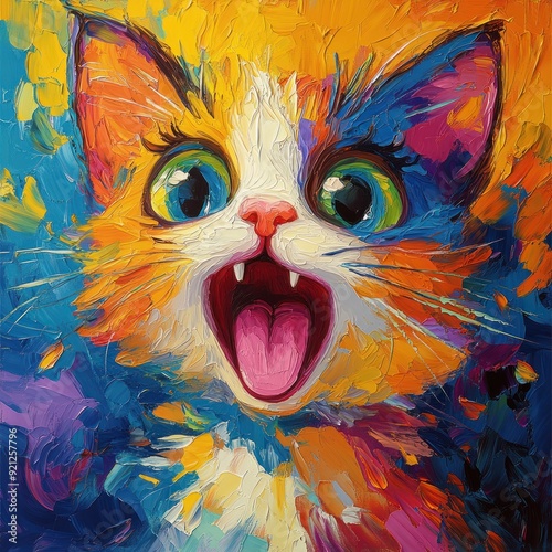 Colorful kitten with wide eyes, vibrant and abstract.