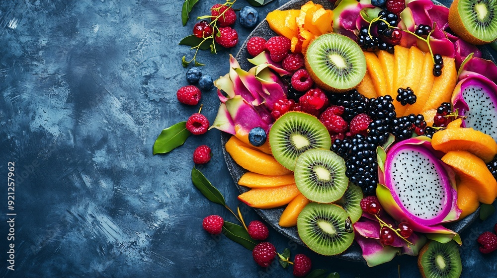 A vibrant fruit platter with slices of kiwi, dragon fruit, and berries, set on a cool matte concrete background, the colors creating a tropical feel A vibrant fruit platter with slices of kiwi, dragon fruit, and berries, set on a cool matte concrete background, the colors creating a tropical feel