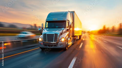 Truck Driving on Open Highway at Sunset With Golden Sky