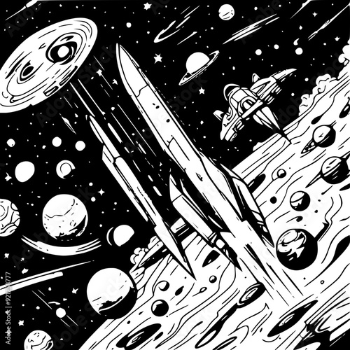 An imaginative space scene with a spaceship exploring a colorful nebula, planets, and stars.