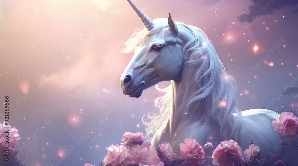 Naklejka premium A white unicorn with a long, flowing mane stands in a field of pink roses against a soft, purple and pink background. The unicorn is illuminated by a soft, warm light.