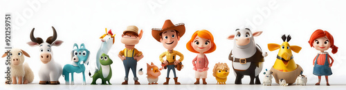 3D cartoon happy farm animals farmer characters sheet white background Farm and Characters Concept