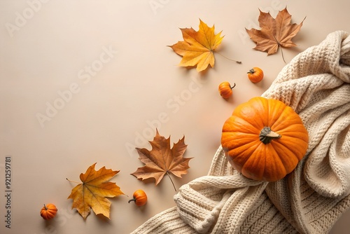 Autumn themed flat lay with pumpkin knit blanket leaves on beige background autumn concept