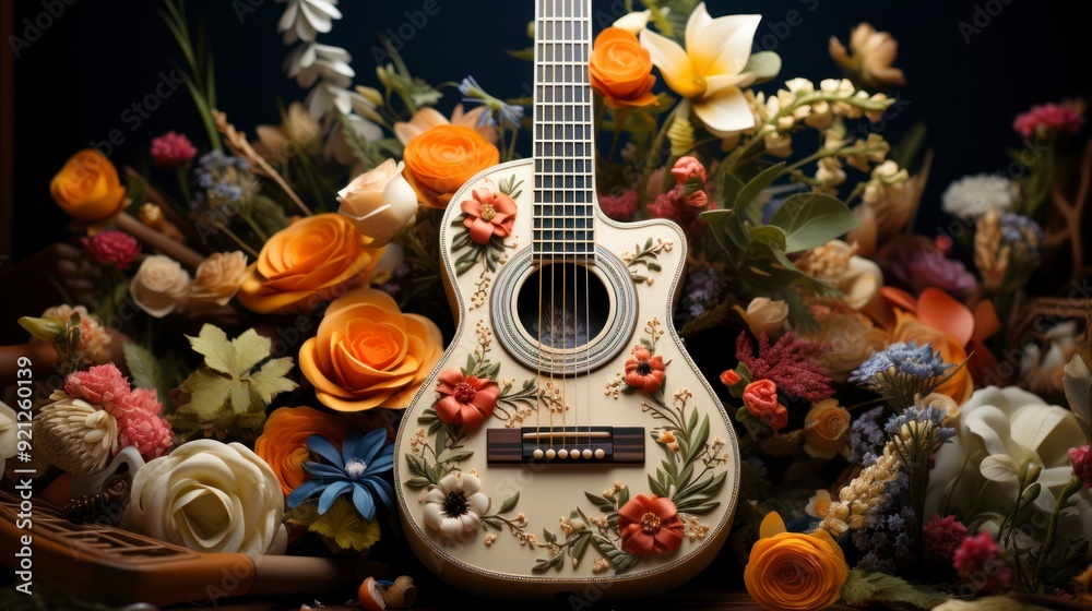 Naklejka premium A white acoustic guitar with intricate floral embroidery is displayed on a bed of dried and artificial flowers. The flowers are arranged in a variety of colors, including white, yellow, orange, red,