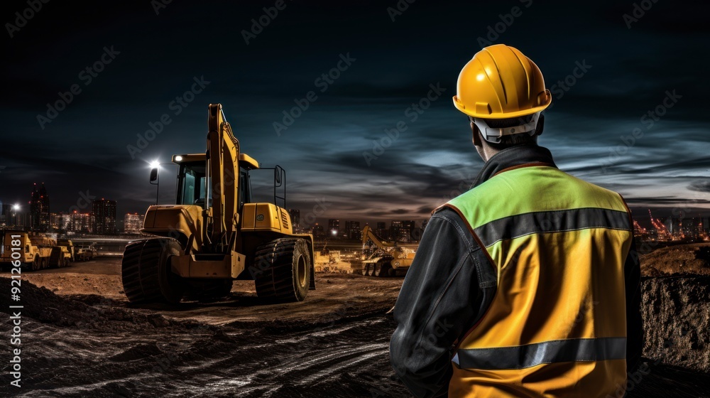 A construction worker wearing a yellow helmet and safety vest stands on a construction site at night. In the background, a large excavator and other construction equipment are parked and lit up. A construction worker wearing a yellow helmet and safety vest stands on a construction site at night. In the background, a large excavator and other construction equipment are parked and lit up.