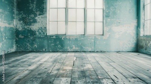 Vintage Room With Flower Pot on Rustic Wooden Floor and Weathered Blue Walls